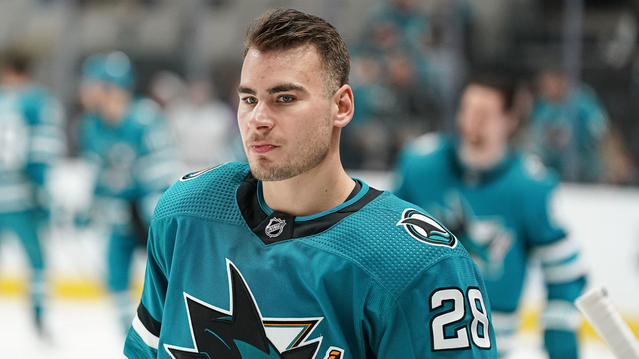 SAN JOSE, CA - JANUARY 16: Timo Meier #28 of the San Jose Sharks skates during warmups before the game against the New Jersey Devils at SAP Center on January 16, 2023 in San Jose, California.