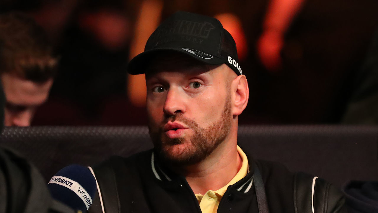 MANCHESTER, ENGLAND - JANUARY 21: Boxer Tyson Fury speaks to the media prior to the Middleweight fight between Chris Eubank Jr and Liam Smith at Manchester Arena on January 21, 2023 in Manchester, England.