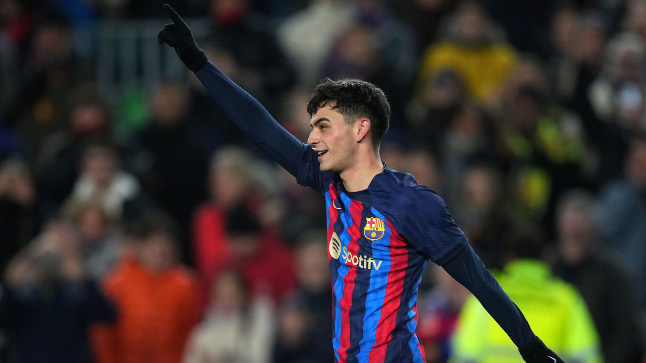 BARCELONA, SPAIN - JANUARY 22: Pedri of FC Barcelona celebrates after scoring the team's first goal during the LaLiga Santander match between FC Barcelona and Getafe CF at Spotify Camp Nou on January 22, 2023 in Barcelona, Spain.