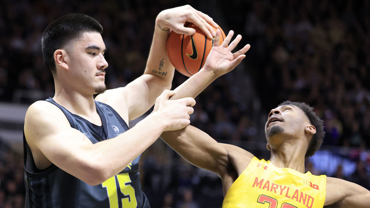 WEST LAFAYETTE, INDIANA - JANUARY 22: Zach Edey #15 of the Purdue Boilermakers takes the ball away from Ike Cornish #20 of the Maryland Terrapins during the first half at Mackey Arena on January 22, 2023 in West Lafayette, Indiana.
