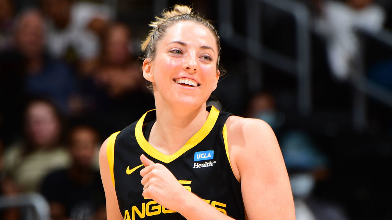 LOS ANGELES, CA - AUGUST 14: Katie Lou Samuelson #33 of the Los Angeles Sparks smiles during the game against the Dallas Wings on August 14, 2022 at Crypto.Com Arena in Los Angeles, California. NOTE TO USER: User expressly acknowledges and agrees that, by downloading and/or using this Photograph, user is consenting to the terms and conditions of the Getty Images License Agreement. Mandatory Copyright Notice: Copyright 2022 NBAE