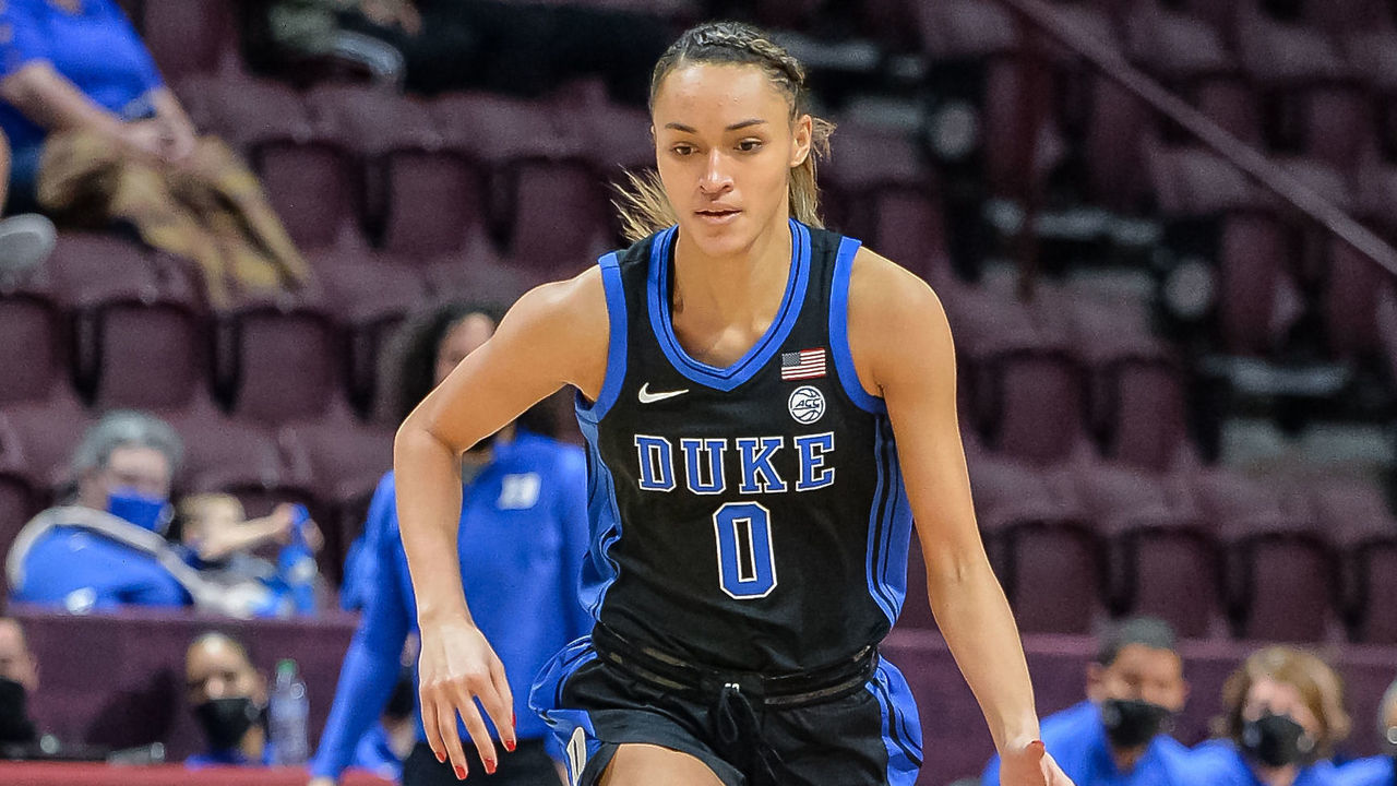 BLACKSBURG, VA - DECEMBER 30: Duke Blue Devils guard Celeste Taylor (0) brings the ball down the court during a college basketball game between the Duke Blue Devils and the Virginia Tech Hokies on December 30, 2021 at Cassell Coliseum in Blacksburg, VA.