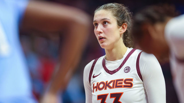 BLACKSBURG, VA - JANUARY 01: Center Elizabeth Kitley #33 of the Virginia Tech Hokies in the second half during a game against the North Carolina Tar Heels at Cassell Coliseum on January 1, 2023 in Blacksburg, Virginia.