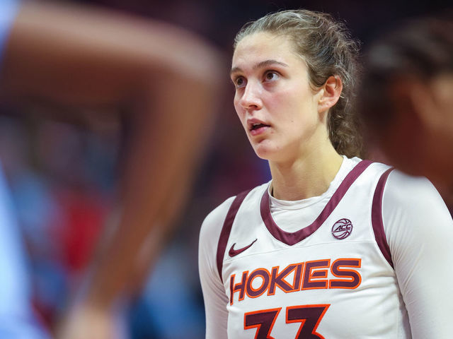BLACKSBURG, VA - JANUARY 01: Center Elizabeth Kitley #33 of the Virginia Tech Hokies in the second half during a game against the North Carolina Tar Heels at Cassell Coliseum on January 1, 2023 in Blacksburg, Virginia.