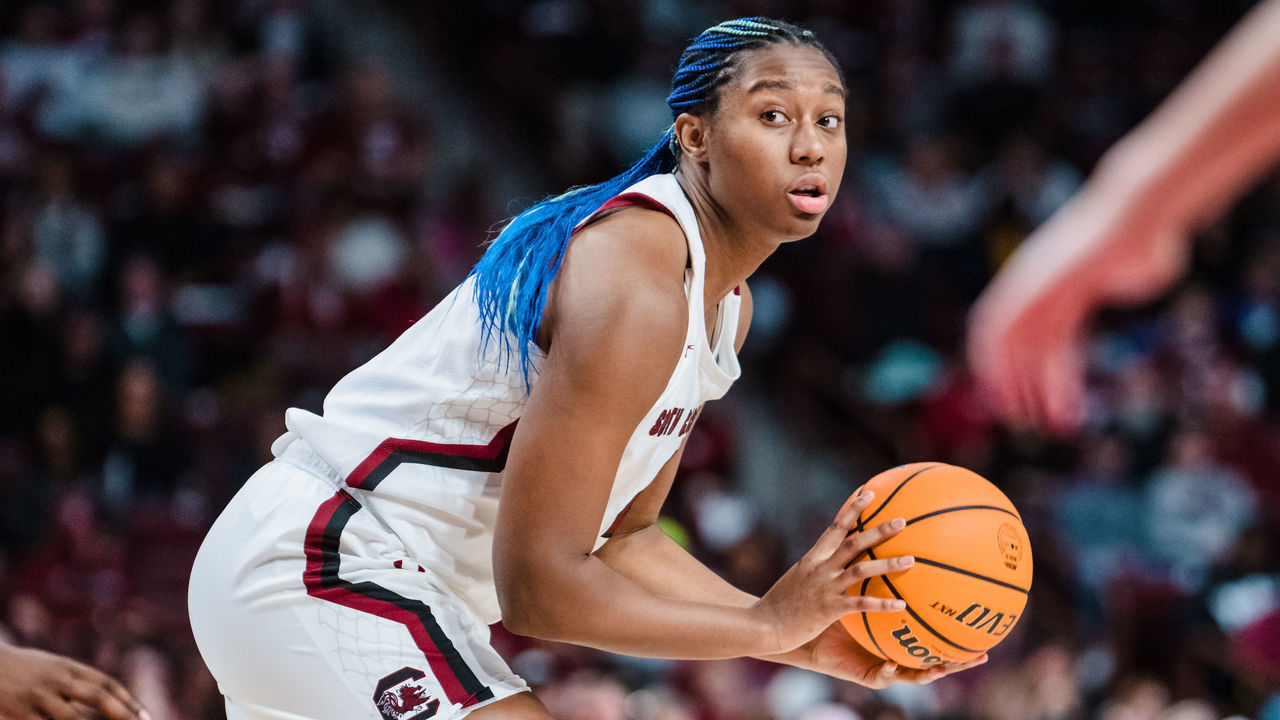 COLUMBIA, SOUTH CAROLINA - JANUARY 22: Aliyah Boston #4 of the South Carolina Gamecocks looks to pass in the second quarter during their game against the Arkansas Razorbacks at Colonial Life Arena on January 22, 2023 in Columbia, South Carolina.