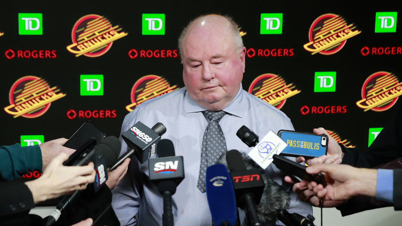 VANCOUVER, CANADA - JANUARY 21: Head coach Bruce Boudreau of the Vancouver Canucks reacts to a question after their NHL game against the Edmonton Oilers at Rogers Arena January 21, 2023 in Vancouver, British Columbia, Canada.