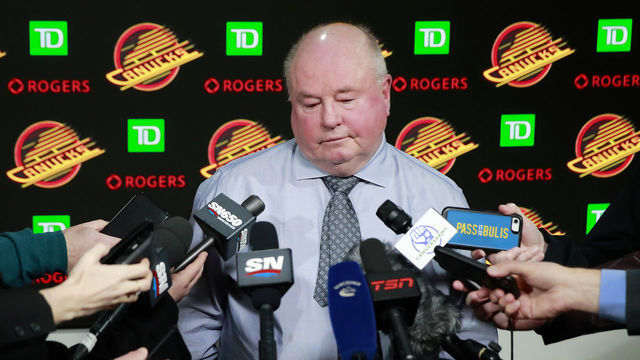 VANCOUVER, CANADA - JANUARY 21: Head coach Bruce Boudreau of the Vancouver Canucks reacts to a question after their NHL game against the Edmonton Oilers at Rogers Arena January 21, 2023 in Vancouver, British Columbia, Canada.