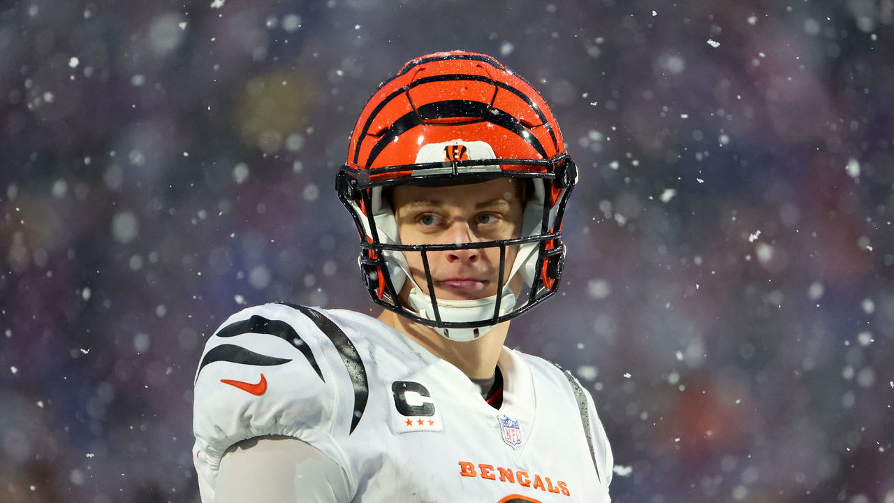 ORCHARD PARK, NEW YORK - JANUARY 22: Joe Burrow #9 of the Cincinnati Bengals looks on against the Buffalo Bills during the third quarter in the AFC Divisional Playoff game at Highmark Stadium on January 22, 2023 in Orchard Park, New York.