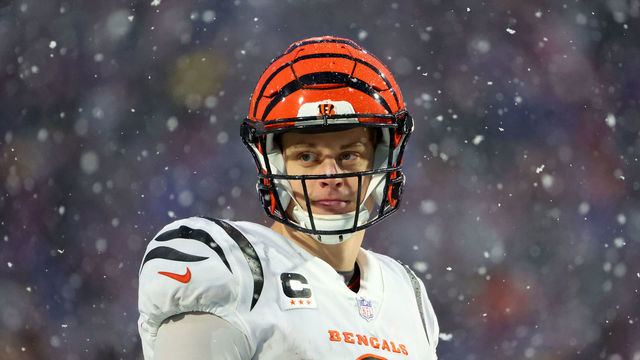 ORCHARD PARK, NEW YORK - JANUARY 22: Joe Burrow #9 of the Cincinnati Bengals looks on against the Buffalo Bills during the third quarter in the AFC Divisional Playoff game at Highmark Stadium on January 22, 2023 in Orchard Park, New York.