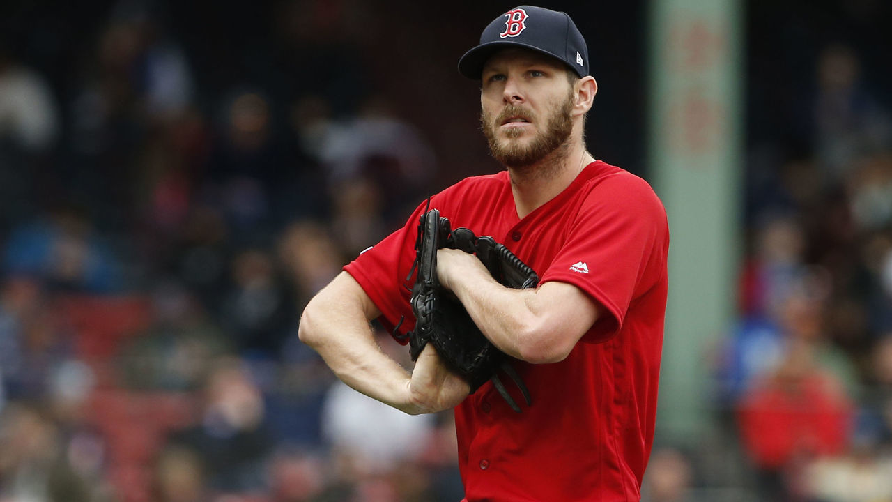 BOSTON - APRIL 23: Boston Red Sox starting pitcher Chris Sale reacts as he walks back to the dugout after giving up an RBI double to the Tigers' Ronny Rodriguez during the fourth inning. The Boston Red Sox host the Detroit Tigers in the first game of an MLB regular season doubleheader at Fenway Park in Boston on April 23, 2019.
