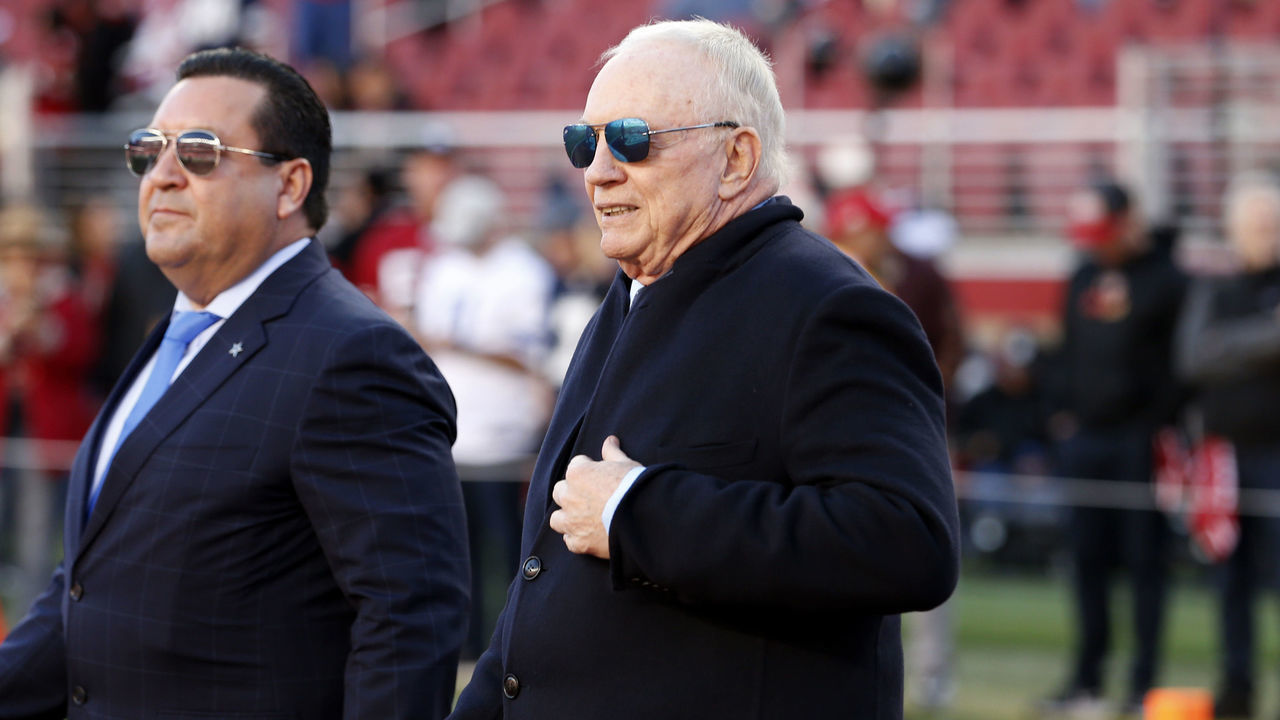SANTA CLARA, CALIFORNIA - JANUARY 22: Dallas Cowboys owner Jerry Jones looks on prior to a game against the San Francisco 49ers in the NFC Divisional Playoff game at Levi's Stadium on January 22, 2023 in Santa Clara, California.