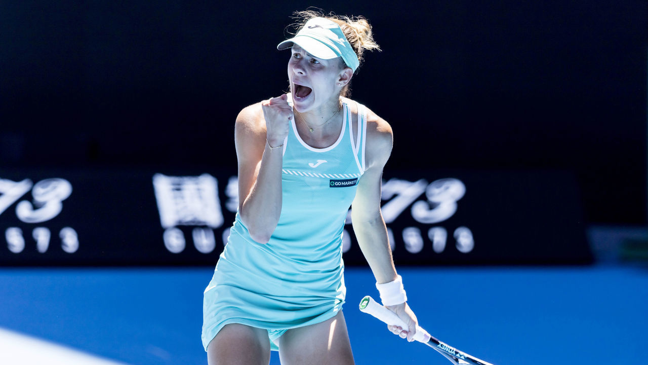 MELBOURNE, VIC - JANUARY 23: Magda Linette of Poland celebrates during Round 4 of the 2023 Australian Open on January 23 2023, at Melbourne Park in Melbourne, Australia.