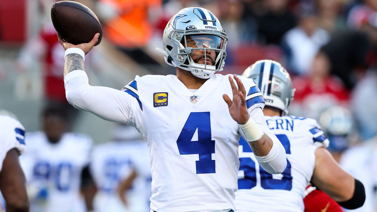 SANTA CLARA, CALIFORNIA - JANUARY 22: Dak Prescott #4 of the Dallas Cowboys throws a pass against the San Francisco 49ers during the second quarter in the NFC Divisional Playoff game at Levi's Stadium on January 22, 2023 in Santa Clara, California.
