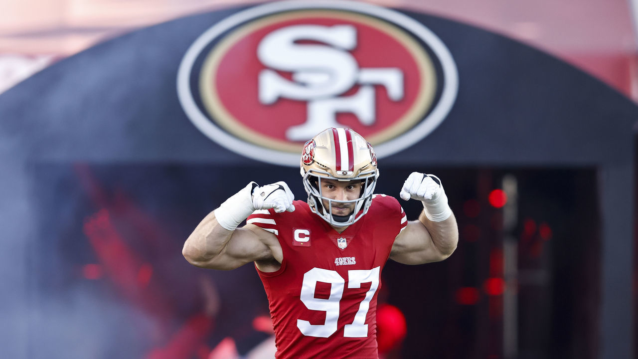 SANTA CLARA, CALIFORNIA - JANUARY 22: Nick Bosa #97 of the San Francisco 49ers reacts as he takes the field prior to an NFL divisional round playoff football game between the San Francisco 49ers and the Dallas Cowboys at Levi's Stadium on January 22, 2023 in Santa Clara, California.
