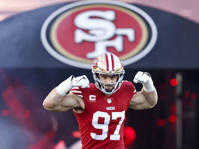 SANTA CLARA, CALIFORNIA - JANUARY 22: Nick Bosa #97 of the San Francisco 49ers reacts as he takes the field prior to an NFL divisional round playoff football game between the San Francisco 49ers and the Dallas Cowboys at Levi's Stadium on January 22, 2023 in Santa Clara, California.