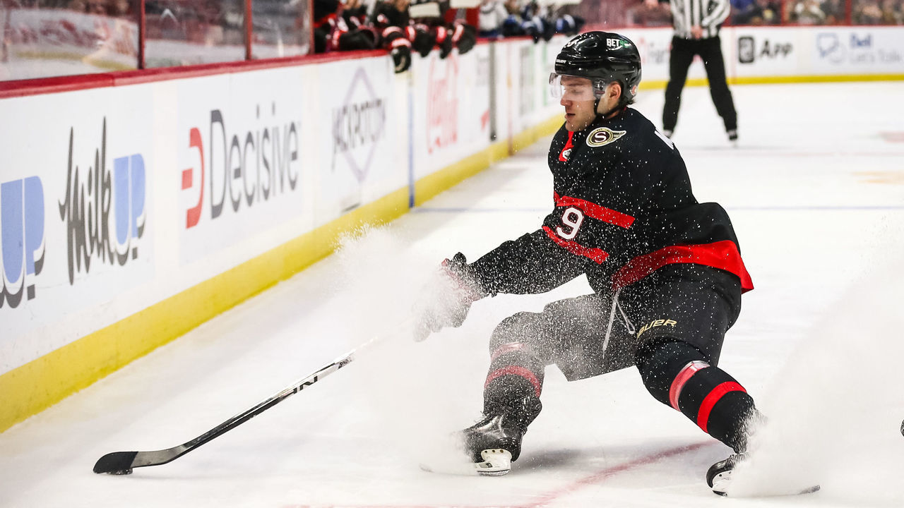 OTTAWA, CANADA - JANUARY 21: Josh Norris #9 of the Ottawa Senators skates with the puck during the second period against the Winnipeg Jets at Canadian Tire Centre on January 21, 2023 in Ottawa, Ontario, Canada.