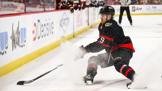 OTTAWA, CANADA - JANUARY 21: Josh Norris #9 of the Ottawa Senators skates with the puck during the second period against the Winnipeg Jets at Canadian Tire Centre on January 21, 2023 in Ottawa, Ontario, Canada.