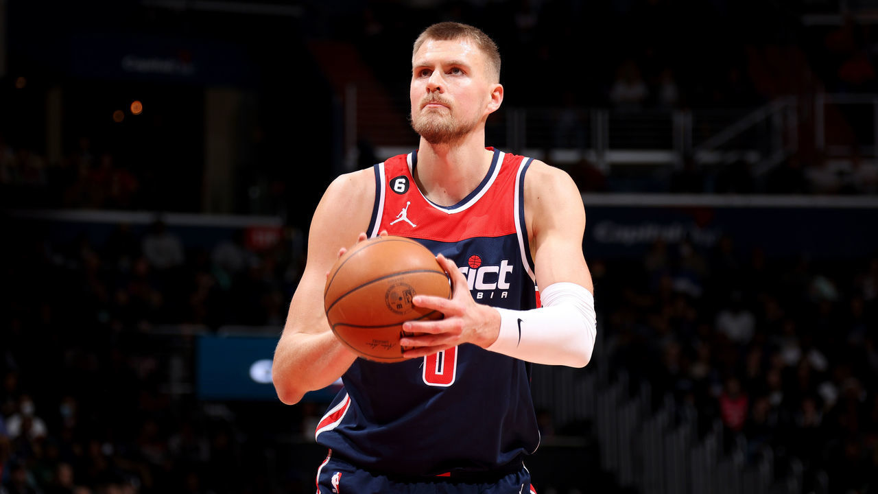 WASHINGTON, DC - JANUARY 21: Kristaps Porzingis #6 of the Washington Wizards prepares to shoot a free throw against the Orlando Magic on January 21, 2023 at Capital One Arena in Washington, DC. Mandatory Copyright Notice: Copyright 2023 NBAE