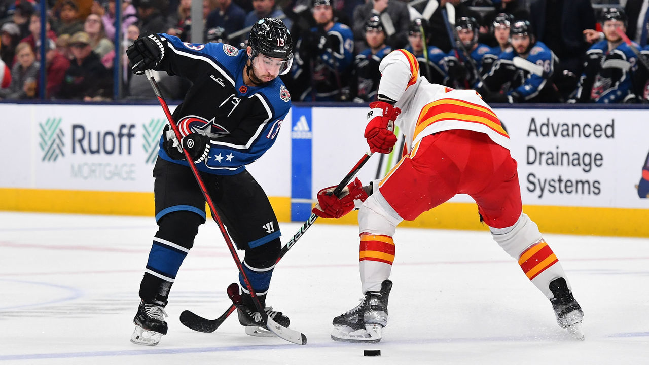 COLUMBUS, OHIO - DECEMBER 9: Johnny Gaudreau #13 of the Columbus Blue Jackets skates with the puck during the third period of a game against the Calgary Flames at Nationwide Arena on December 9, 2022 in Columbus, Ohio.