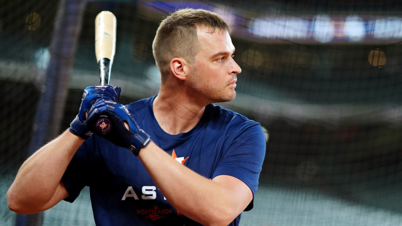 HOUSTON, TX - OCTOBER 11: Trey Mancini #26 of the Houston Astros takes batting practice prior to the game between the Seattle Mariners and the Houston Astros at Minute Maid Park on Tuesday, October 11, 2022 in Houston, Texas.