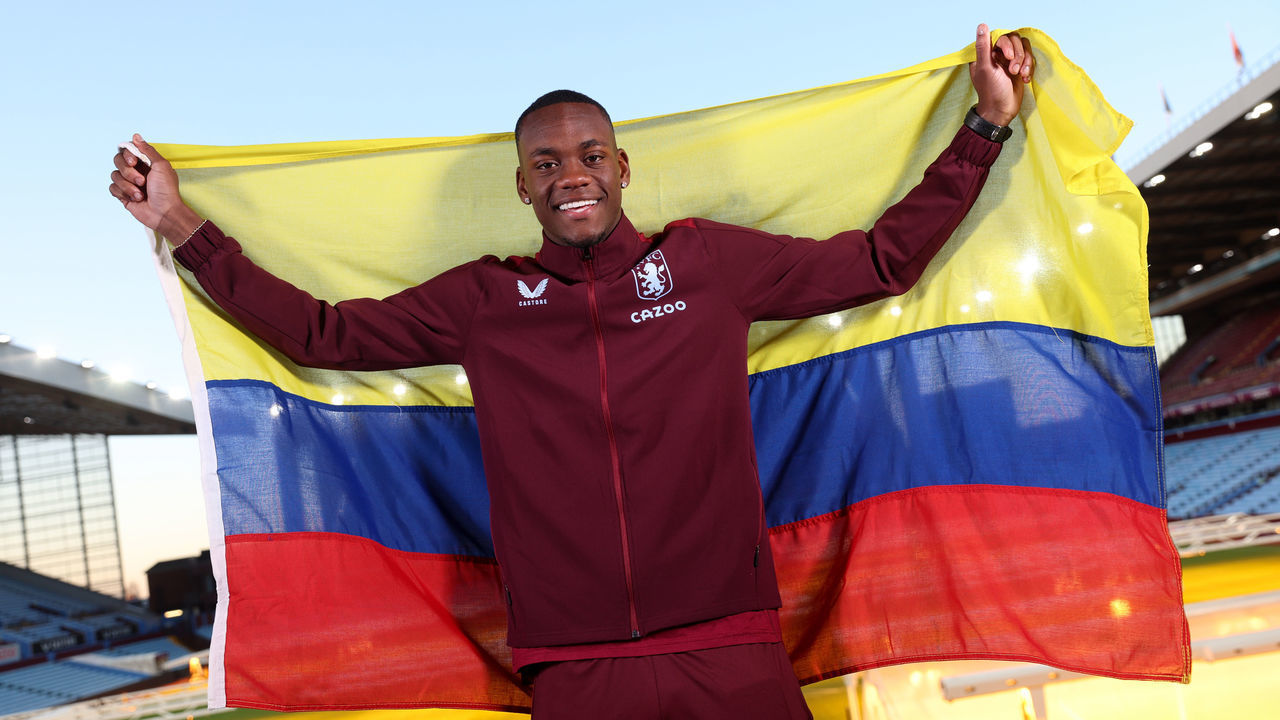 BIRMINGHAM, ENGLAND - JANUARY 23: Jhon Duran of Aston Villa poses for a picture at Bodymoor Heath training ground on January 23, 2023 in Birmingham, England.