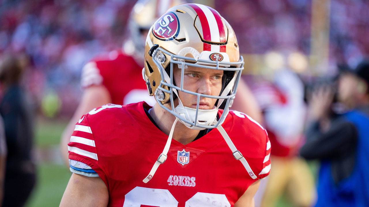 SANTA CLARA, CA - JANUARY 22: San Francisco 49ers running back Christian McCaffrey (23) warms up before the NFL NFC Divisional Playoff game between the Dallas Cowboys and San Francisco 49ers at Levis Stadium in Santa Clara, CA.