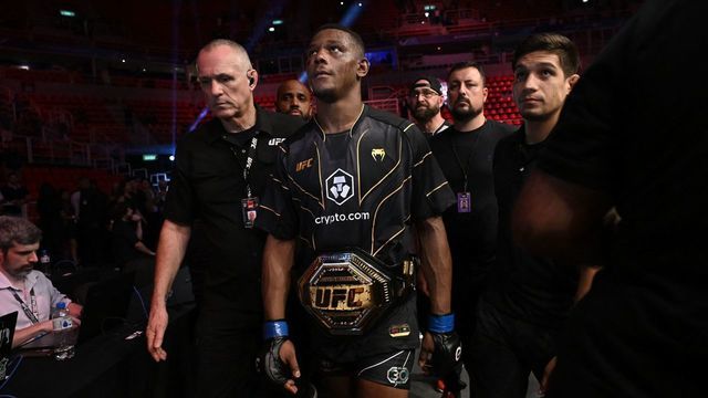 US Jamahal Hill celebrates victory over Brazilian Glover Teixera after their fight for the light heavyweight title at the Ultimate Fighting Championship (UFC) event at the Jeunesse Arena in Rio de Janeiro, Brazil, on January 21, 2023.
