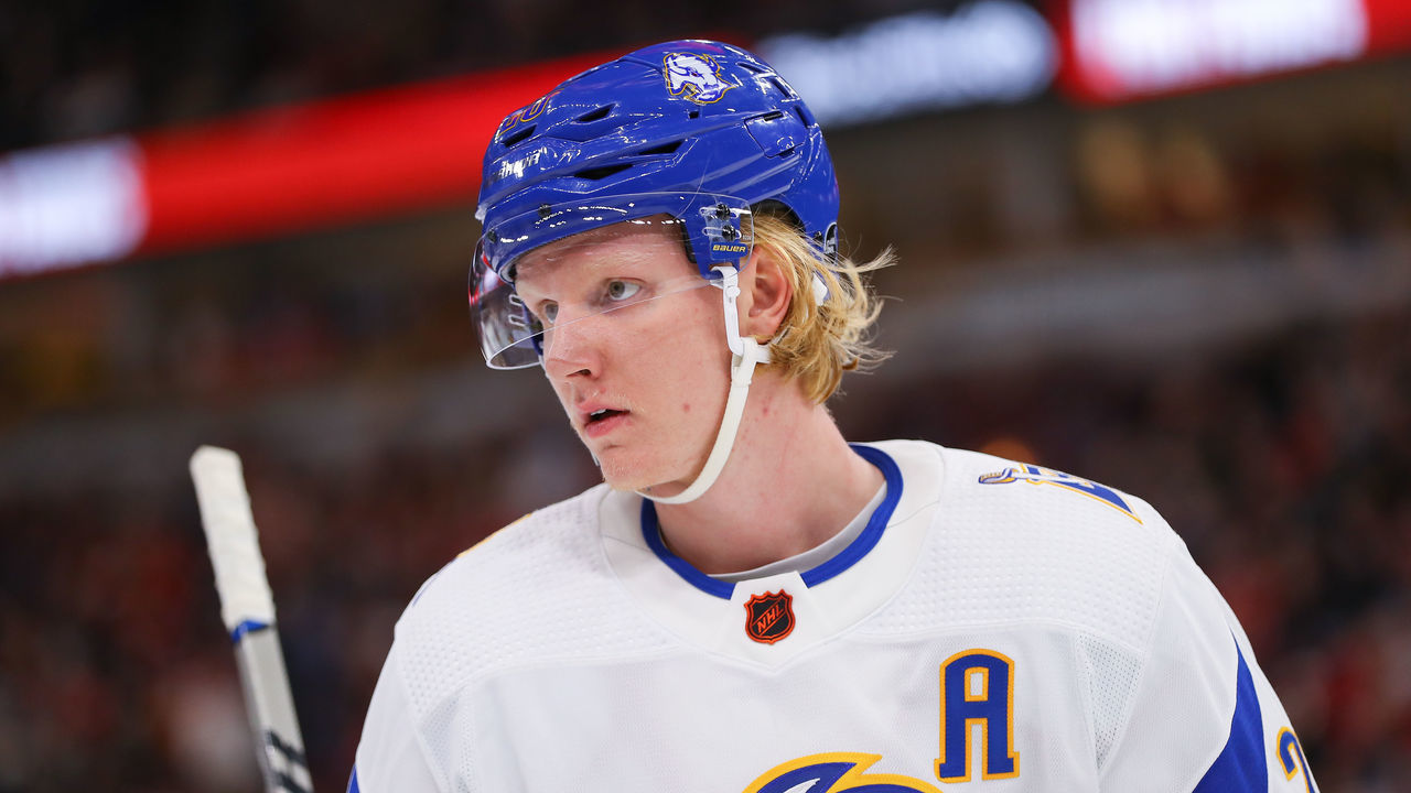 CHICAGO, IL - JANUARY 17: Buffalo Sabres Defenceman Rasmus Dahlin (26) looks on during a game between the Buffalo Sabres and the Chicago Blackhawks on January 17, 2023 at the United Center in Chicago, IL.