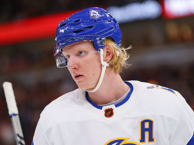 CHICAGO, IL - JANUARY 17: Buffalo Sabres Defenceman Rasmus Dahlin (26) looks on during a game between the Buffalo Sabres and the Chicago Blackhawks on January 17, 2023 at the United Center in Chicago, IL.