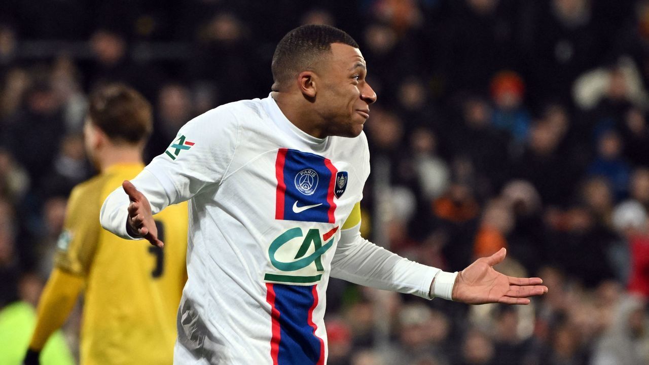 Paris Saint-Germain's French forward Kylian Mbappe celebrates after scoring a goal during the French Cup round of 32 football match between US Pays de Cassel and Paris Saint-Germain (PSG) at the Bollaert-Delelis stadium in Lens, northern France on January 23, 2023.