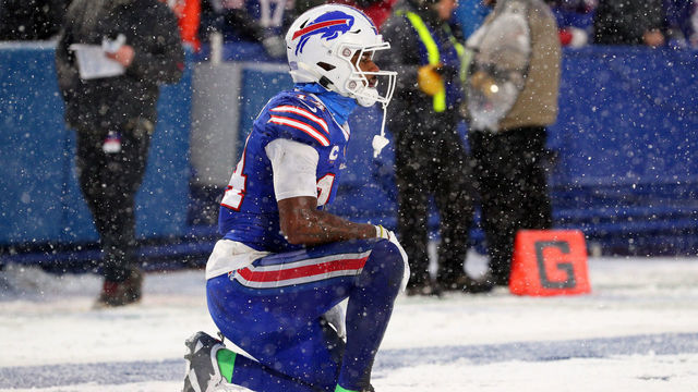 ORCHARD PARK, NEW YORK - JANUARY 22: Stefon Diggs #14 of the Buffalo Bills kneels on the ground after a play against the Cincinnati Bengals during the third quarter in the AFC Divisional Playoff game at Highmark Stadium on January 22, 2023 in Orchard Park, New York.