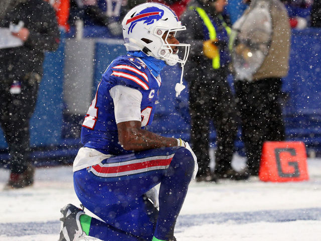 ORCHARD PARK, NEW YORK - JANUARY 22: Stefon Diggs #14 of the Buffalo Bills kneels on the ground after a play against the Cincinnati Bengals during the third quarter in the AFC Divisional Playoff game at Highmark Stadium on January 22, 2023 in Orchard Park, New York.