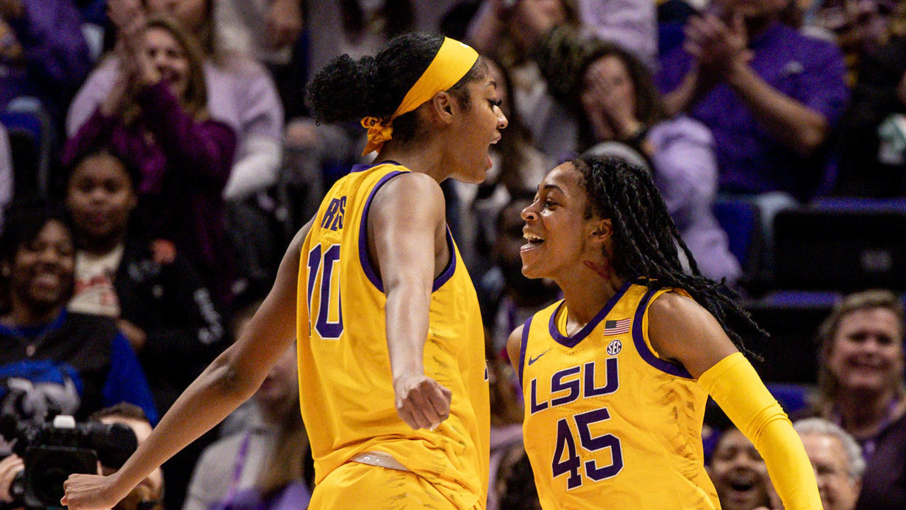 BATON ROUGE, LA - JANUARY 15: LSU Lady Tigers guard Alexis Morris (45) and forward Angel Reese (10) reacts to a ally against the Auburn Tigers during the second half at the game between the LSU Lady Tigers and the Auburn Tigers on January 15, 2023 at the Pete Maravich Assembly Center in Baton Rouge, LA.
