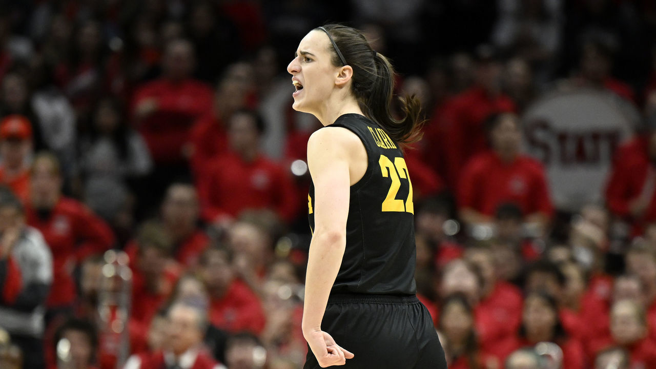COLUMBUS, OHIO - JANUARY 23: Caitlin Clark #22 of the Iowa Hawkeyes celebrates in the second quarter against the Ohio State Buckeyes at Jerome Schottenstein Center on January 23, 2023 in Columbus, Ohio.