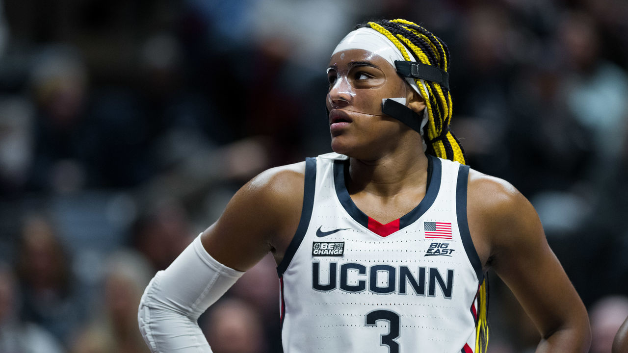 STORRS, CT - JANUARY 21: UConn Huskies forward Aaliyah Edwards (3) looks to the scoreboard during the women's college basketball game between the Butler Bulldogs and UConn Huskies on January 21, 2023, at Harry A. Gampel Pavilion in Storrs, CT.