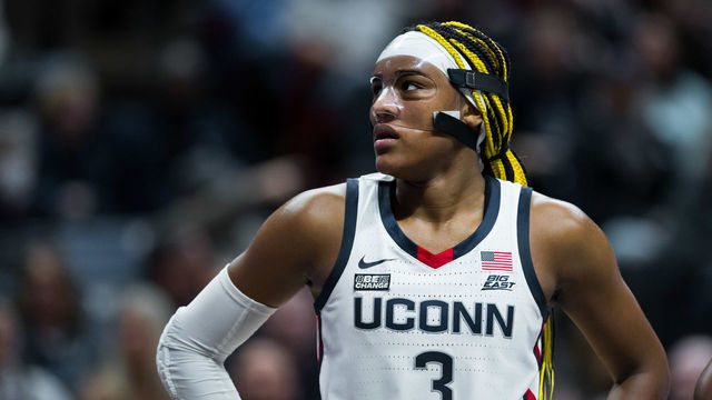 STORRS, CT - JANUARY 21: UConn Huskies forward Aaliyah Edwards (3) looks to the scoreboard during the women's college basketball game between the Butler Bulldogs and UConn Huskies on January 21, 2023, at Harry A. Gampel Pavilion in Storrs, CT.