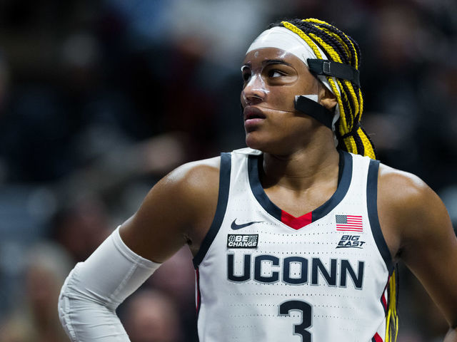 STORRS, CT - JANUARY 21: UConn Huskies forward Aaliyah Edwards (3) looks to the scoreboard during the women's college basketball game between the Butler Bulldogs and UConn Huskies on January 21, 2023, at Harry A. Gampel Pavilion in Storrs, CT.