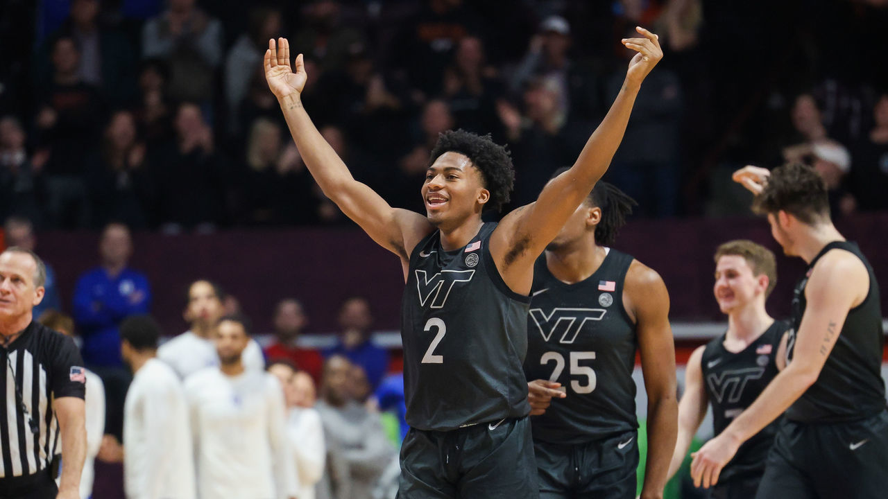 BLACKSBURG, VA - JANUARY 23: Guard MJ Collins #2 of the Virginia Tech Hokies reacts in the second half during a game against the Duke Blue Devils at Cassell Coliseum on January 23, 2023 in Blacksburg, Virginia.