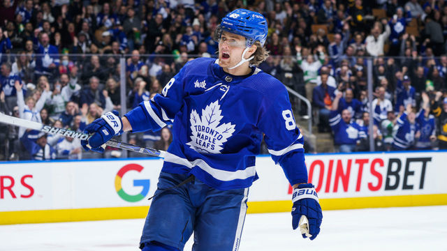TORONTO, ON - JANUARY 23: William Nylander #88 of the Toronto Maple Leafs celebrates his goal against the New York Islanders during the second period at the Scotiabank Arena on January 23, 2023 in Toronto, Ontario, Canada.