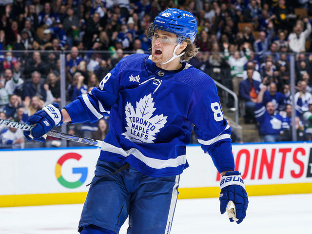 TORONTO, ON - JANUARY 23: William Nylander #88 of the Toronto Maple Leafs celebrates his goal against the New York Islanders during the second period at the Scotiabank Arena on January 23, 2023 in Toronto, Ontario, Canada.