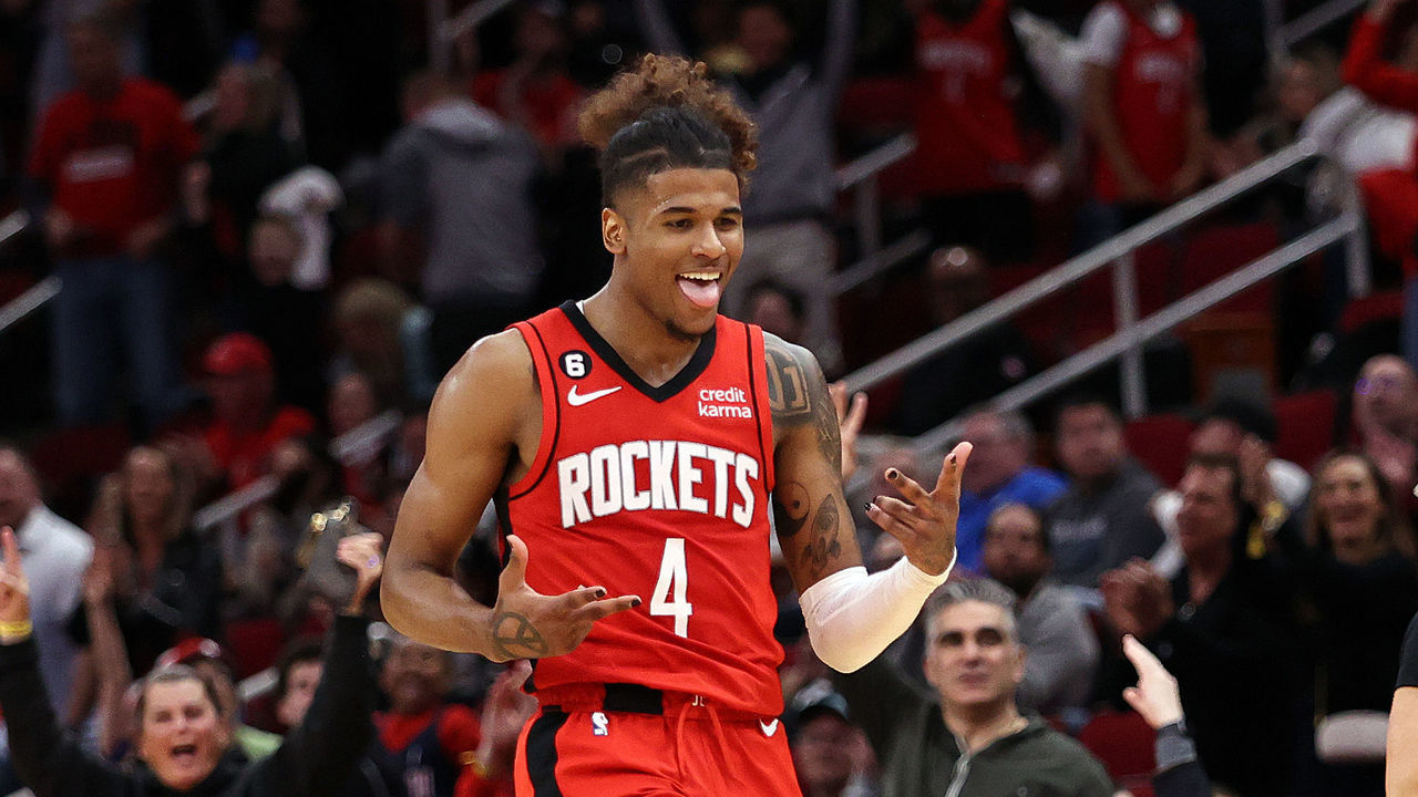 HOUSTON, TEXAS - JANUARY 23: Jalen Green #4 of the Houston Rockets reacts after making a three point basket against the Minnesota Timberwolves during the fourth quarter at Toyota Center on January 23, 2023 in Houston, Texas.