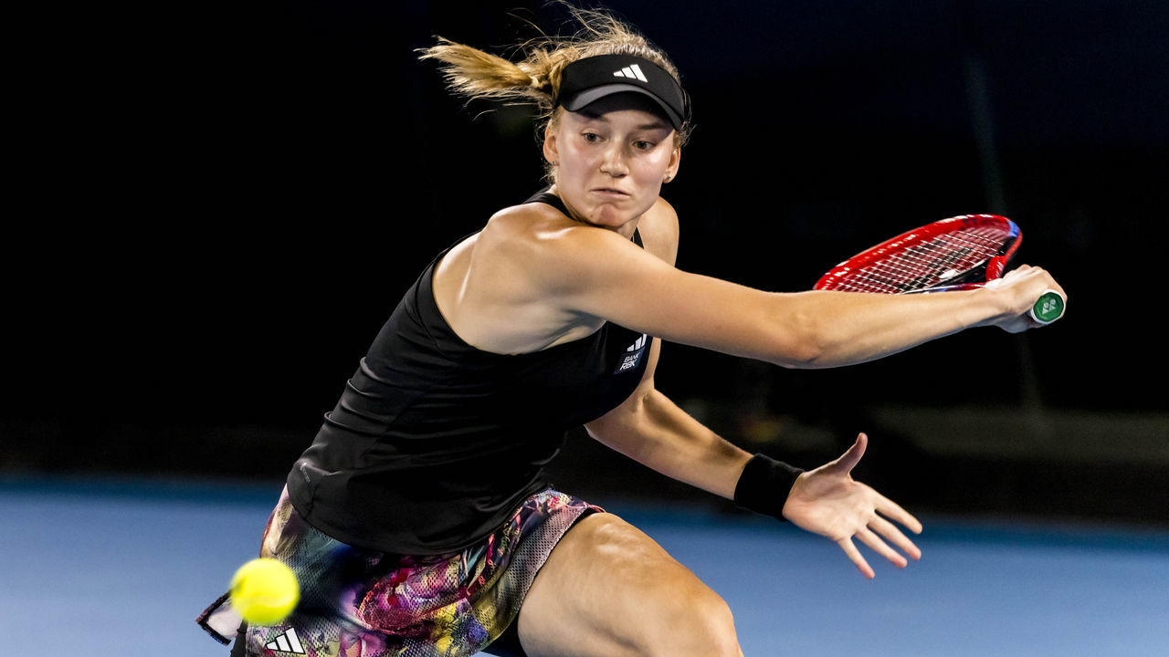 MELBOURNE, VIC - JANUARY 24: Elena Rybakina of Kazakhstan in action during the Quarterfinals of the 2023 Australian Open on January 24 2023, at Melbourne Park in Melbourne, Australia. MELBOURNE, VIC - JANUARY 24: