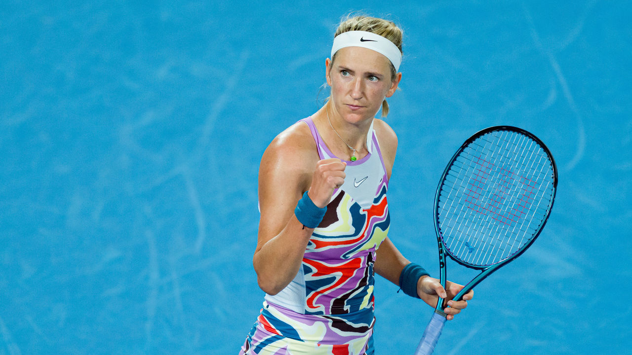 MELBOURNE, AUSTRALIA - JANUARY 24: Victoria Azarenka celebrates winning a point in the quarterfinal singles match against Jessica Pegula of the United States during day nine of the 2023 Australian Open at Melbourne Park on January 24, 2023 in Melbourne, Australia.