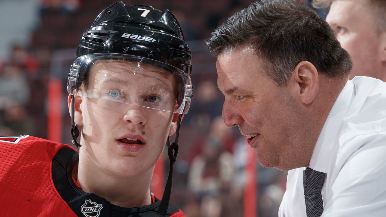 OTTAWA, ON - JANUARY 31: Brady Tkachuk #7 of the Ottawa Senators listens to assistant coach Bob Jones during warmup prior to a game against the Washington Capitals at Canadian Tire Centre on January 31, 2020 in Ottawa, Ontario, Canada.