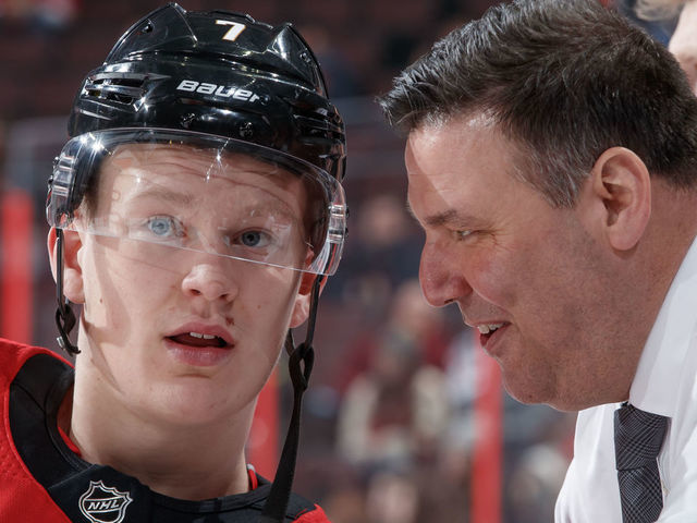 OTTAWA, ON - JANUARY 31: Brady Tkachuk #7 of the Ottawa Senators listens to assistant coach Bob Jones during warmup prior to a game against the Washington Capitals at Canadian Tire Centre on January 31, 2020 in Ottawa, Ontario, Canada.