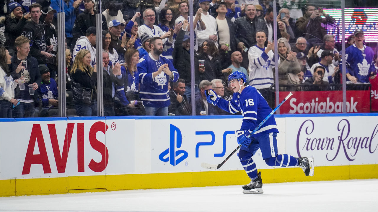 TORONTO, ON - JANUARY 19: Mitchell Marner #16 of the Toronto Maple Leafs celebrates his goal against the Winnipeg Jets during the second period at the Scotiabank Arena on January 19, 2023 in Toronto, Ontario, Canada.