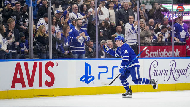 TORONTO, ON - JANUARY 19: Mitchell Marner #16 of the Toronto Maple Leafs celebrates his goal against the Winnipeg Jets during the second period at the Scotiabank Arena on January 19, 2023 in Toronto, Ontario, Canada.