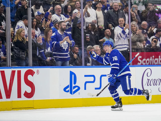 TORONTO, ON - JANUARY 19: Mitchell Marner #16 of the Toronto Maple Leafs celebrates his goal against the Winnipeg Jets during the second period at the Scotiabank Arena on January 19, 2023 in Toronto, Ontario, Canada.