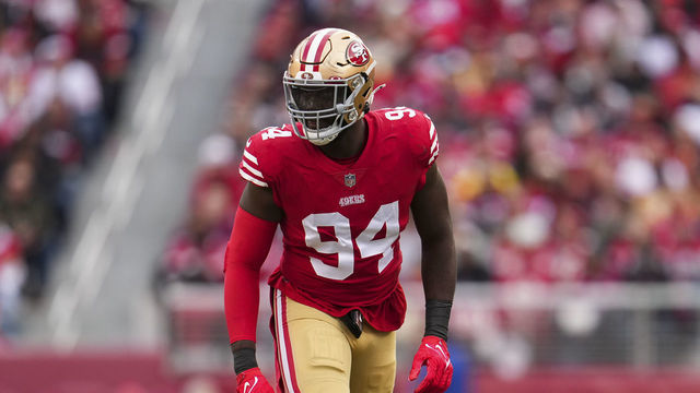 SANTA CLARA, CA - DECEMBER 11: Charles Omenihu #94 of the San Francisco 49ers gets set against the Tampa Bay Buccaneers at Levi's Stadium on December 11, 2022 in Santa Clara, California.