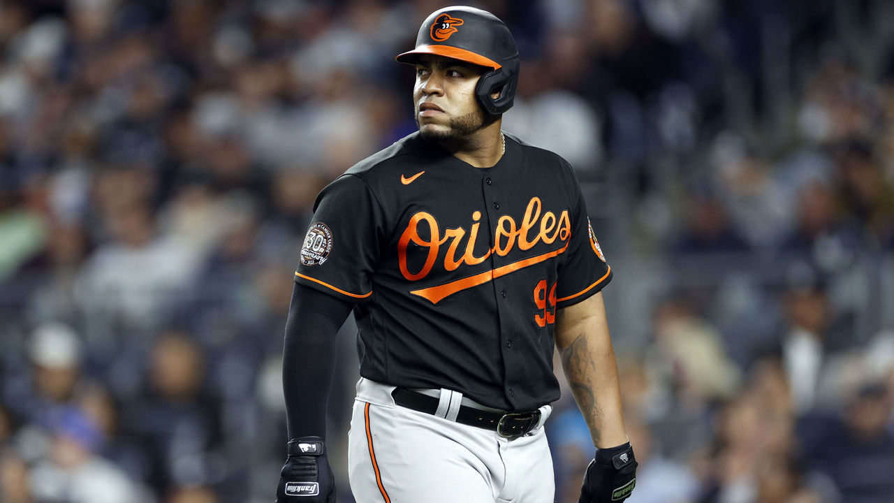 NEW YORK, NEW YORK - SEPTEMBER 30: Jesus Aguilar #99 of the Baltimore Orioles reacts after striking out while pinch hitting during the sixth inning against the New York Yankees at Yankee Stadium on September 30, 2022 in the Bronx borough of New York City.